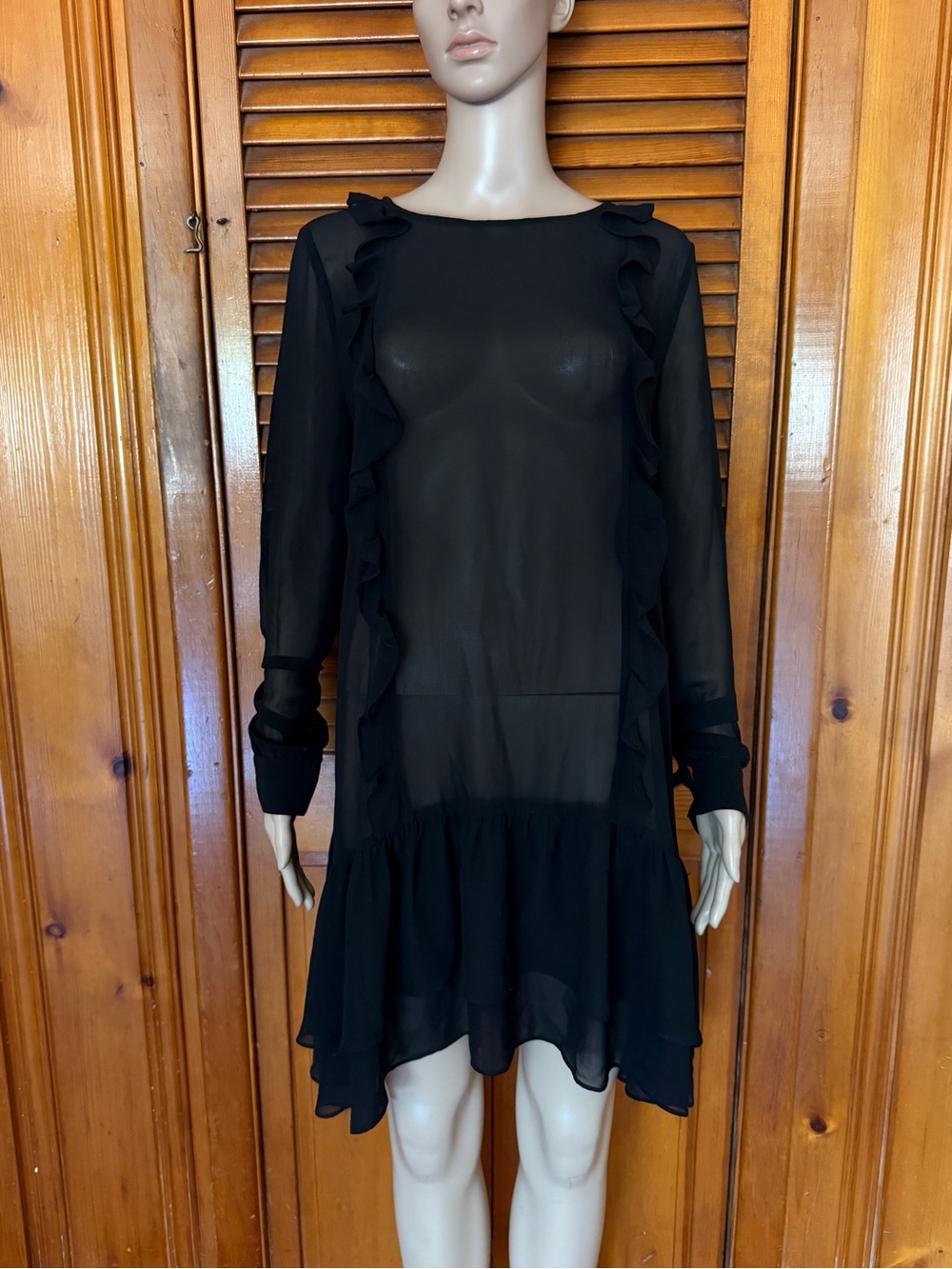 BCBGeneration Black Sheer Chiffon Ruffle Drop Waist Dress Size L
